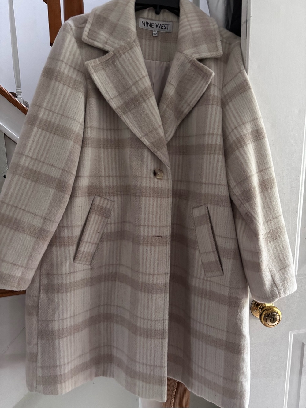 Nine West Cream Plaid Wool-Blend Pea Coat